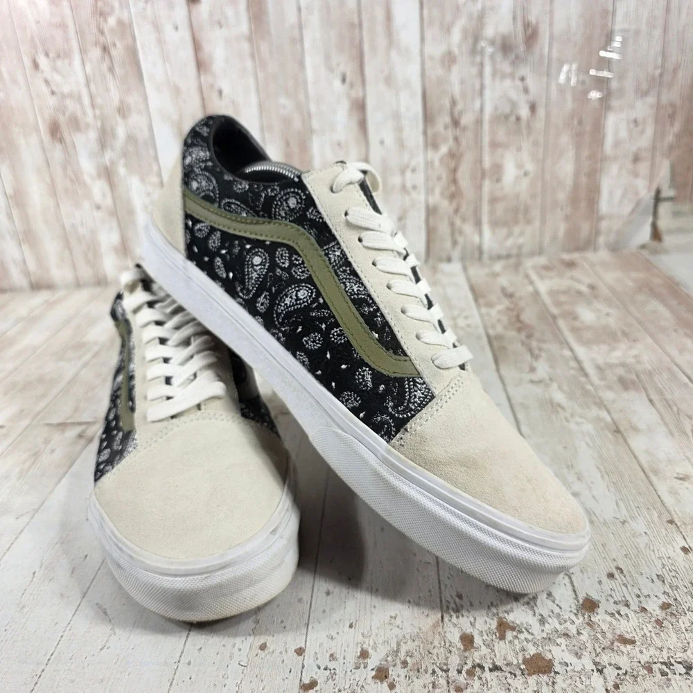Vans Old Skool Black Paisley Cream Suede Olive Green Stripe Mens 12 Sneakers